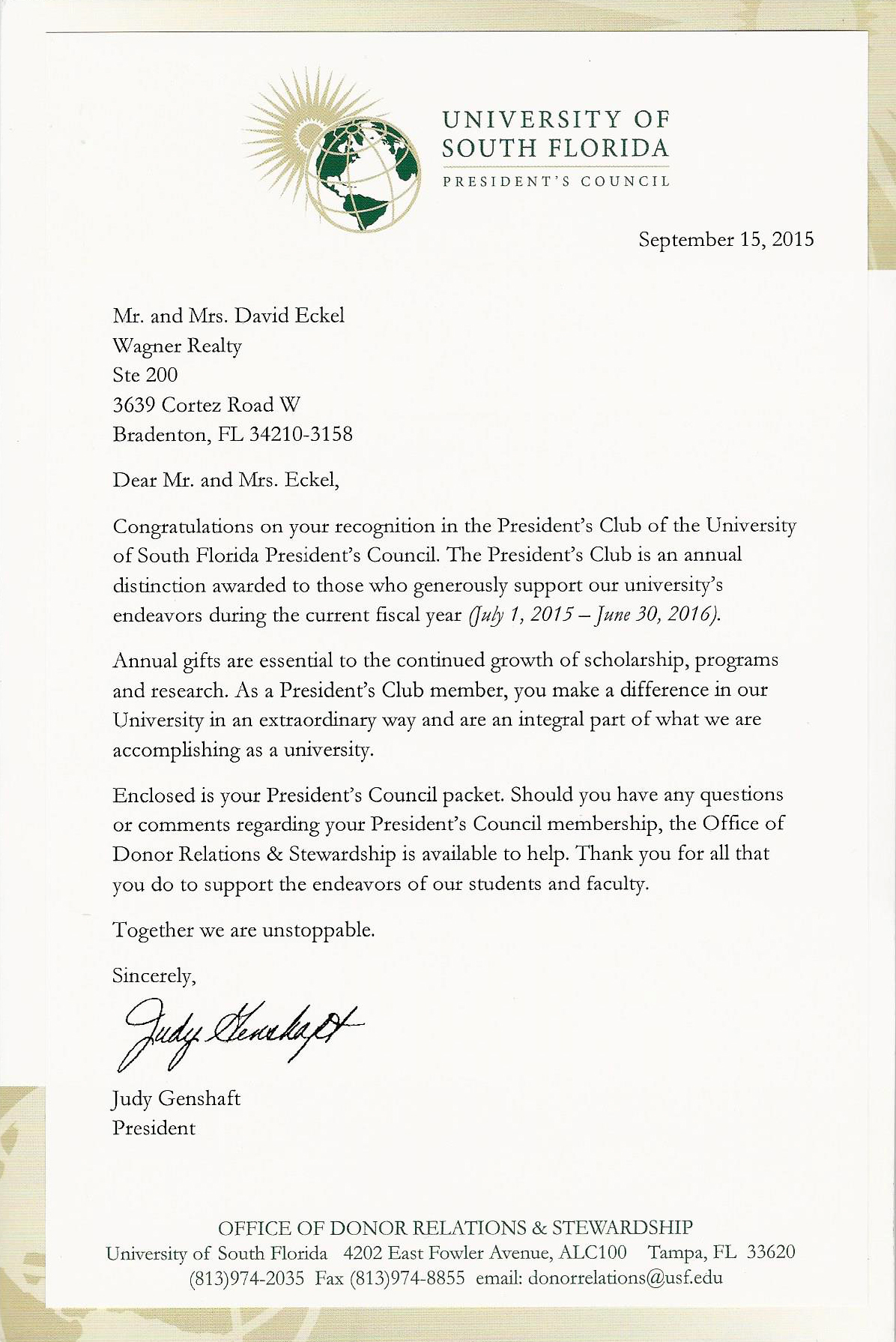 you scholarship thank letter Wagner Community Realty Outreach